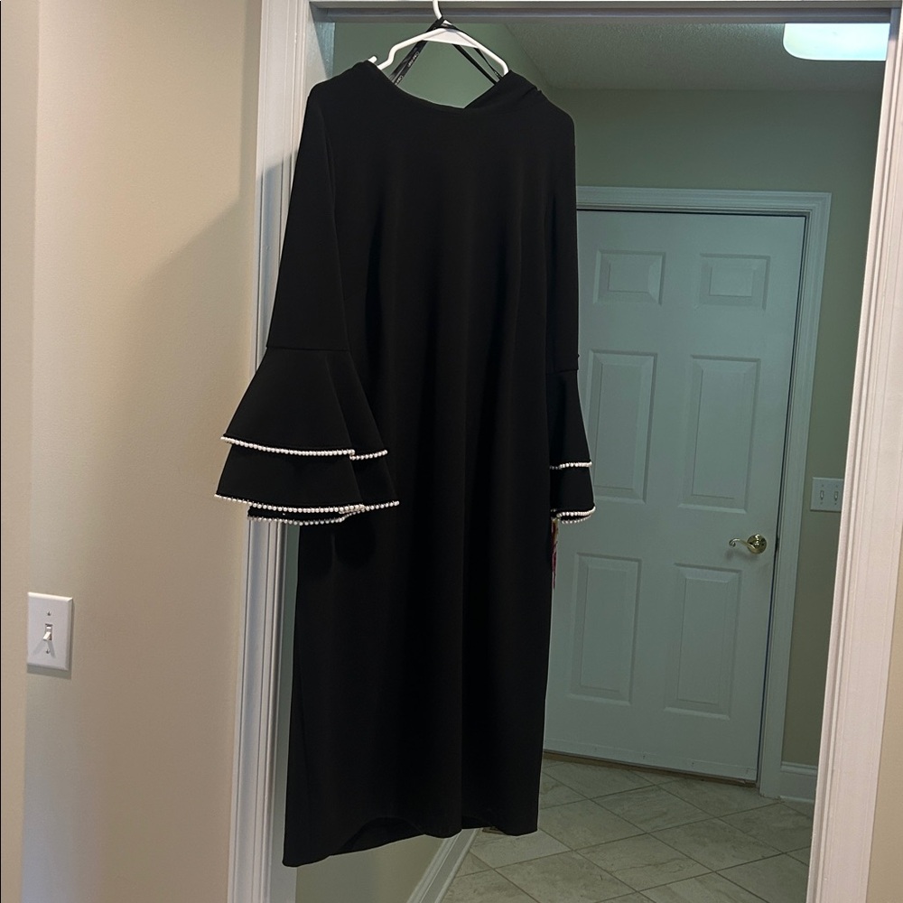 Calvin Klein Black Dressy Dress with Bell Sleeves, Pearl Accents and Gold Zipper